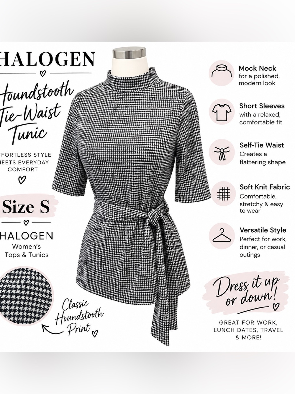 Halogen Black and White Houndstooth Tie-Waist Tunic size small